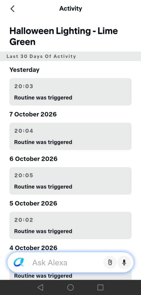 alexa app activity log showing the lime green routine triggering between 20:02 and 20:05