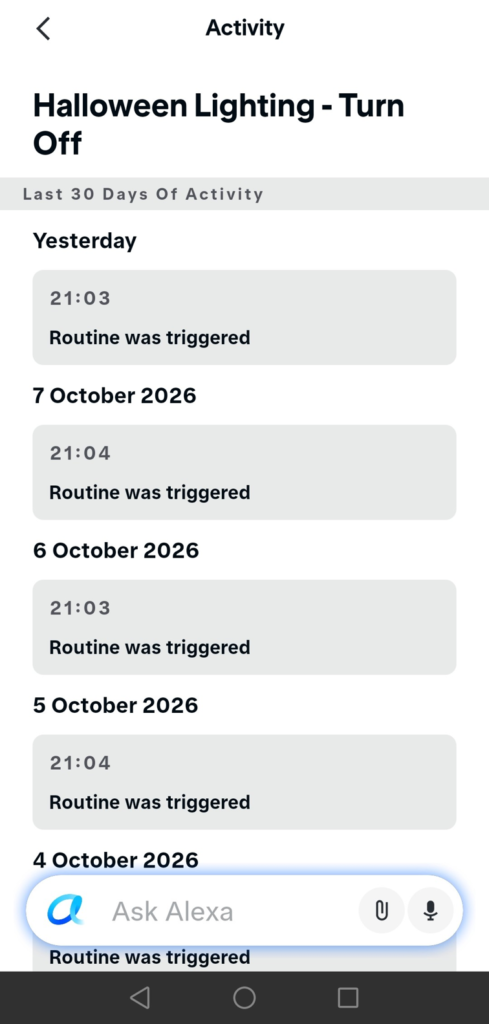 alexa app activity log showing the turn off routine triggering at 21:03 and 21:04