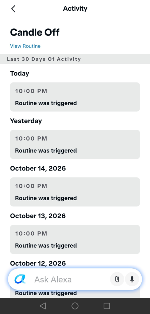 alexa app activity logs showing the candle off routine triggering at 10:00 pm each evening