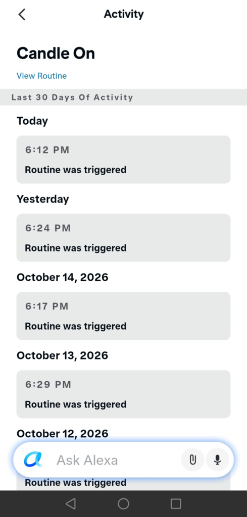 alexa app activity logs showing the candle on routine triggering at sunset each evening