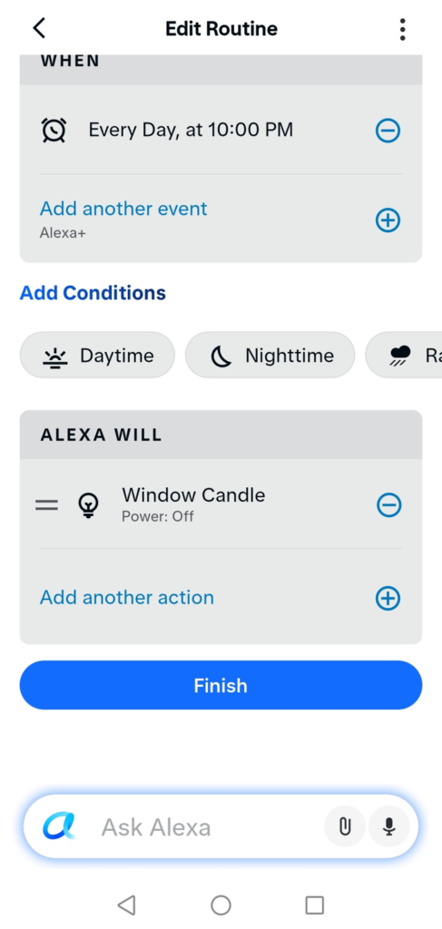 alexa app candle off routine set for 10:00 pm