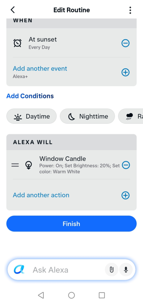 alexa app candle on routine set for sunset with warm white at 20%