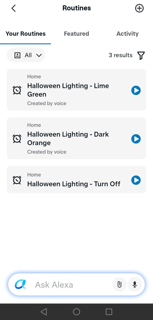 alexa app showing three halloween lighting routines, two created by voice