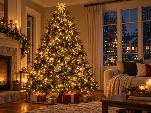 christmas tree lit with warm white lights beside a garland-draped fireplace