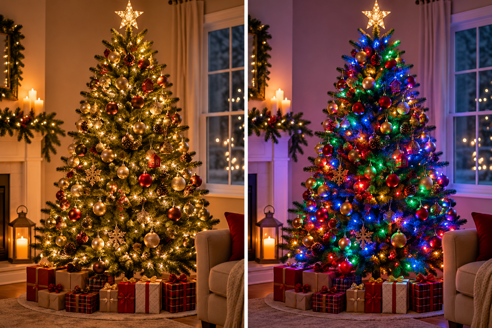 christmas tree shown in warm white lights beside the same tree in multicolor lights