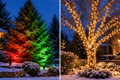 evergreen uplit in red and green beside a bare tree wrapped in warm white string lights
