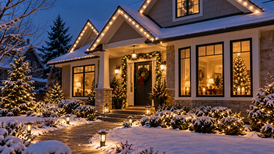 front porch with a lit garland, wreath and lantern path lights at dusk in the snow