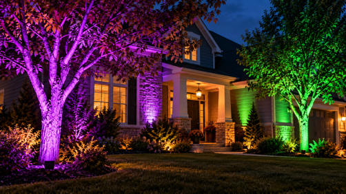 front yard trees uplit in purple and green with ground spotlights at dusk