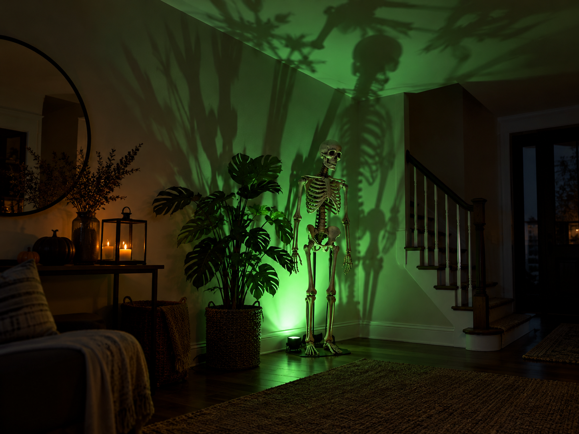 green floor uplight casting skeleton and plant shadows across a living room wall