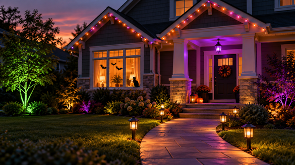 house at dusk with orange and purple halloween roofline lights, uplit trees and lantern path lights