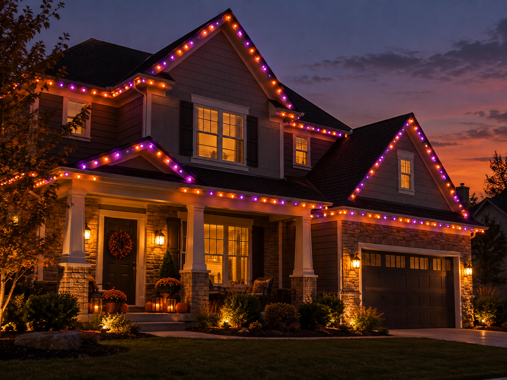 house at dusk with orange and purple lights outlining the roofline