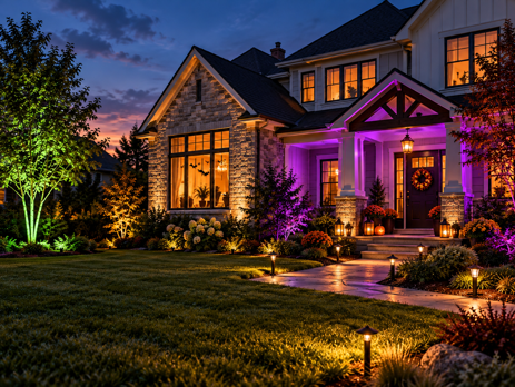 house at dusk with purple porch lighting, uplit trees and lantern path lights