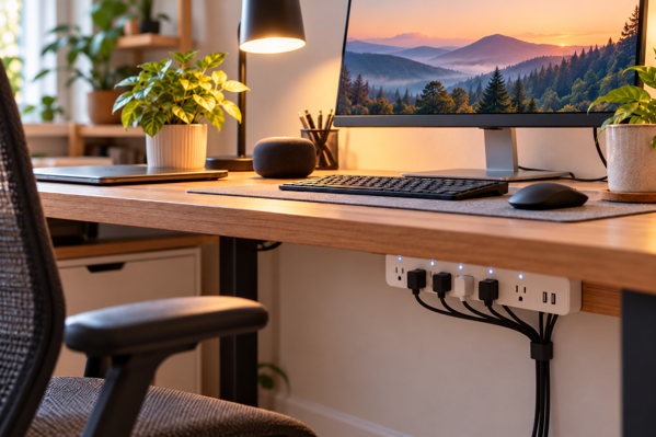 smart power strip mounted under a home office desk with cables neatly routed to the monitor, lamp and smart speaker