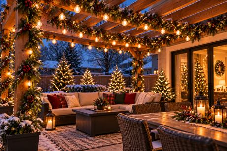 snowy pergola strung with globe string lights and garland over a patio at dusk