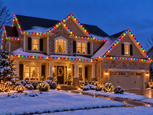 two-story house with multicolor c9 lights outlining the roofline and peaks at dusk