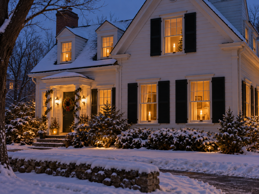 white colonial house at dusk with a single candle glowing in each window